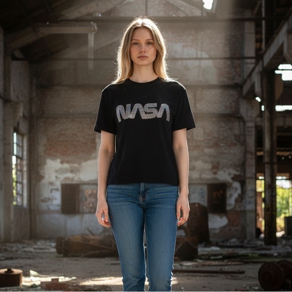 Recycled Karma “NASA” Black Cotton T-Shirt with sequins - Picture 2 of 8